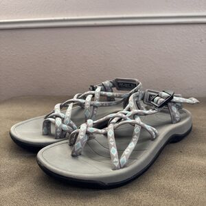 Viakix Walking Sandal Women’s Size 8 Fabric Strappy Geometric Print Grey Blue